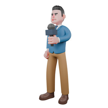 Engaging Studio Broadcaster 3D Model. A male TV presenter stands with his right hand clenched, and holding a microphone with his left hand. Cartoon Style
