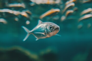 Silver fish swims gracefully in clear water among a school of smaller fish in a serene underwater environment