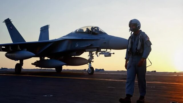 
fighter pilot on an aircraft carrier walking next to a military plane