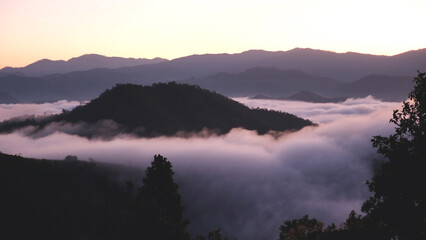 Landscape view of the sea of fog flowing on hills at dawn