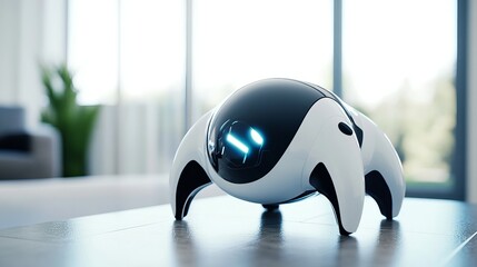 A futuristic robotic pet with sleek design and interactive features, clean and modern home environment with a focus on domestic robotics, Domestic style
