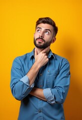 Fototapeta premium Pensive young bearded man in casual blue shirt posing isolated on yellow orange wall, studio portrait. People emotions lifestyle concept. Mock up copy space. Put hand prop up on chin, looking