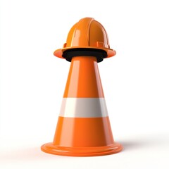 Orange hard hat atop traffic cone, isolated on white.