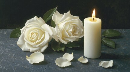 "White Candle with Roses and Flower Petals: Funeral Memorial, Sympathy, and Condolence Card for Death Notice"