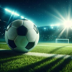 Fototapeta premium Soccer ball on a green field, bright sunny day, sports