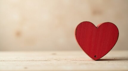 Fototapeta premium A painted wooden heart rests on a pale wood surface against a soft, neutral background. This image evokes feelings of love, affection, and simplicity.
