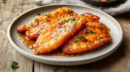 A plate of crispy fried seabass topped with a shiny fish sauce glaze, placed on a rustic wooden table with a soft natural light illuminating the dish's textures