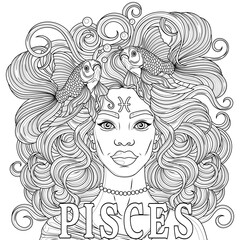 Pisces Woman.Astrological Zodiac Sign.Coloring book antistress for children and adults.
