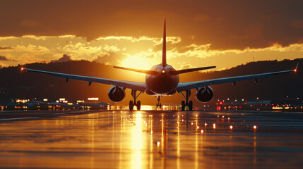 stunning airplane silhouette against vibrant sunset sky, reflecting on runway