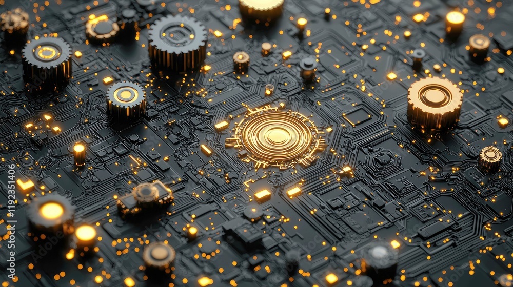 Poster close-up view of a circuit board with golden gears and glowing elements. abstract technology backgro