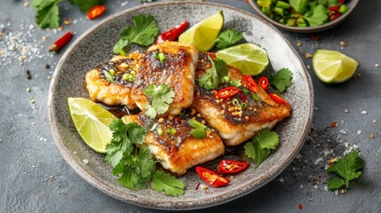 A plate of fried seabass with a golden fish sauce glaze, garnished with cilantro, sliced chilies, and lime wedges, reflecting the vibrant and savory flavors of Thai cuisine
