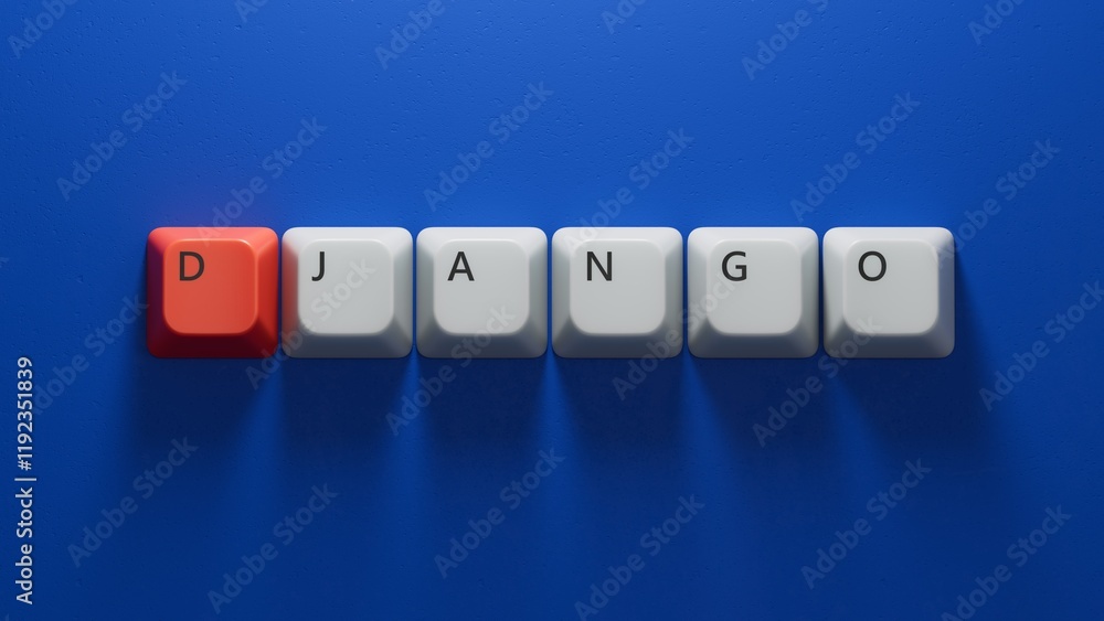 Fototapete DJANGO word text from Computer keyboard keys block letters.close up of Computer keyboard keys,Business Concept.3D rendering on blue background.