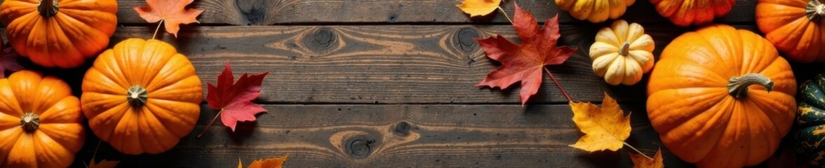 Rustic wooden table with pumpkins & gourds, autumn leaves scattered , home, harvest