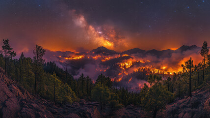 surreal view of forest fire on mountain, fiery glow illuminating night sky under starry backdrop, creating dramatic and intense scene