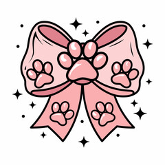 Cute Pink Bow with Paw Prints and Sparkles Illustration