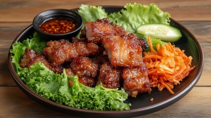 Fototapeta premium A plate of perfectly fried pork belly with a crispy, golden texture, drizzled with savory fish sauce, set against a rustic wooden table with natural lighting