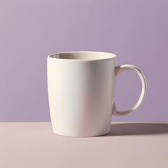 Blank white mug mockup on purple background.
