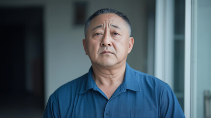 Thoughtful Gaze: A portrait of an older Asian man with a stoic expression, captured in a close-up shot that reveals his contemplative nature.