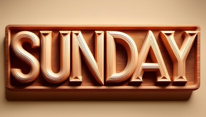 hyper-realistic 3d sunday text sculpture in polished wood with a beige background