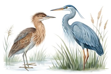 Obraz premium Set of birds, bittern and heron, watercolor illustration