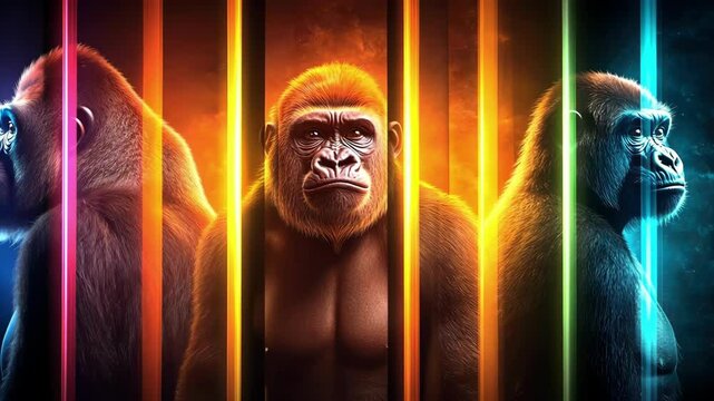 Colorful neon gorillas illuminated against vibrant background