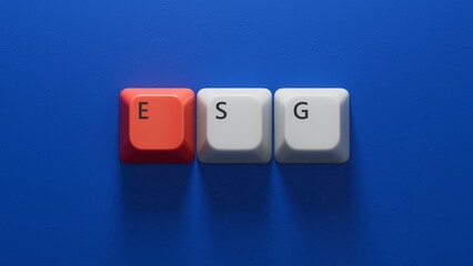 Environmental, Social, and Governance on Computer keyboard keys.close up of Computer keyboard keys,Business Concept.3D rendering on blue background.