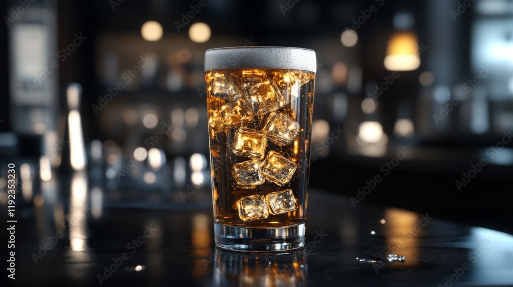 Aufkleber a refreshing glass of beer filled with ice cubes, set on a bar counter with soft reflections, creati