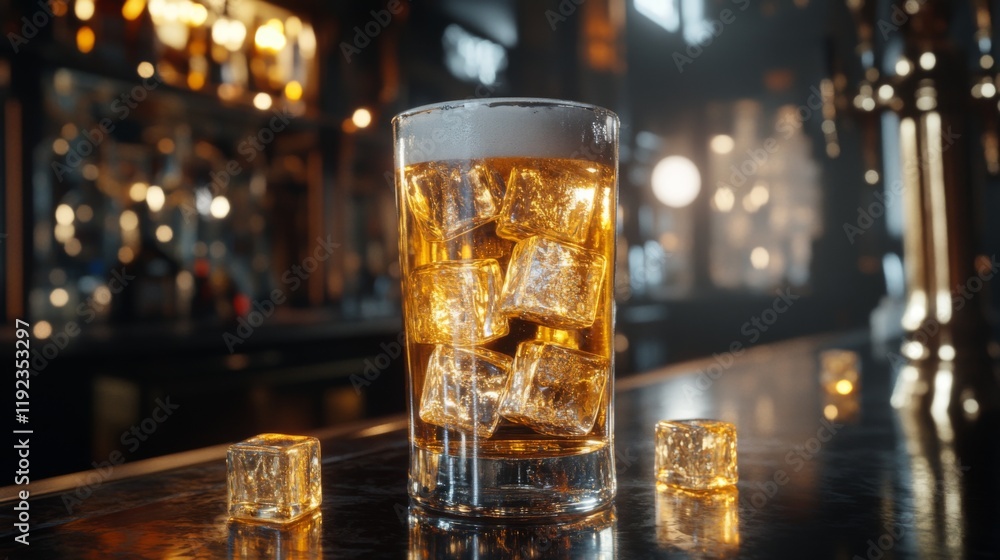 Aufkleber a refreshing glass of beer filled with ice cubes, set on a bar counter with soft reflections, creati