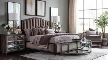 A refined, high-class bedroom with a large bed featuring plush bedding, a glass coffee table, and luxury dcor pieces against a rich color palette and soft lighting