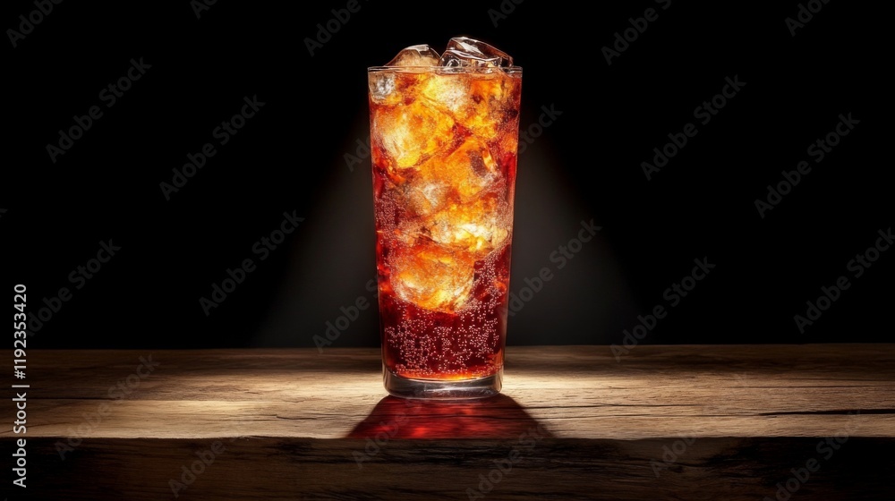 Poster A refreshing shot of a cold soda with ice cubes, the liquid fizzing and sparkling, placed on a rustic wooden table with soft, diffused lighting