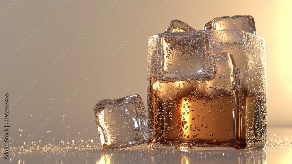 Poster a refreshing image of a cold glass of soda with large ice cubes, condensation dripping down the side