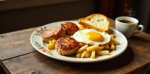 A savory breakfast plate featuring fried patties, golden fried potatoes, a sunny-side-up egg, and a slice of toasted bread, served alongside a cup of coffee on a rustic wooden table.