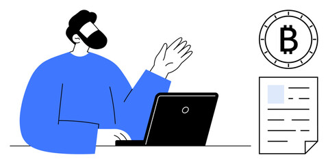 Man in blue shirt working on laptop and gesturing. Bitcoin symbol and financial document nearby. Ideal for cryptocurrency, finance, technology, online education, presentations, business strategy