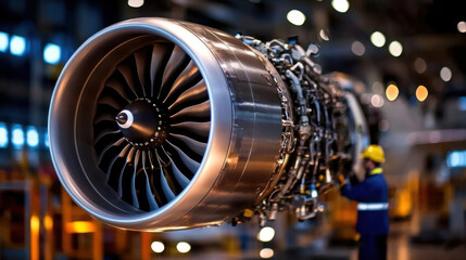 High resolution image of aircraft engine being serviced by technician