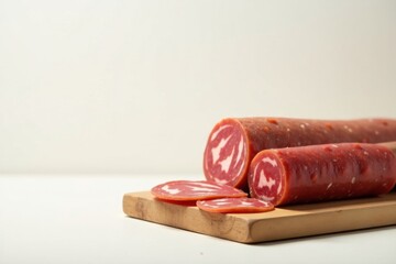 Obraz premium Delightful cured sausage arranged on a simple wooden board with slices ready for consumption