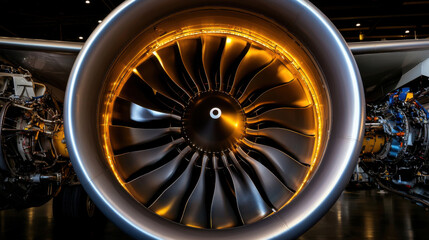 Fototapeta premium close up view of jet engine turbine showcasing intricate details and lighting