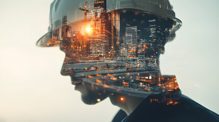 Future building construction engineering project devotion with double exposure graphic design. Building engineer, architect people or construction worker working with modern civil teamwork