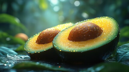 Freshly Cut Avocado Halves on a Leafy Background Glimmering with Dew Drops, Radiating Natural Vibrance and Healthy Freshness in a Lush Green Environment