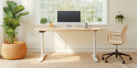 modern home office setup featuring wooden desk, ergonomic chair, and computer. bright space is enhanced by greenery and natural light, creating productive atmosphere