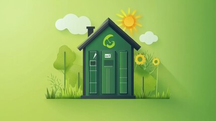 Illustrative Green House with Eco-Friendly Features and Nature Elements, Symbolizing Sustainability and Renewable Energy in a Vibrant Green Environment