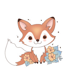 Adorable Fox with Floral Decorations - Cute Pastel Illustration