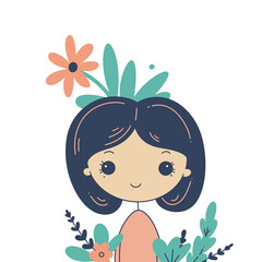 Sweet Cartoon Girl with Floral Accents - Pastel Minimalistic Illustration