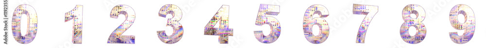 Poster set of 3d number shapes with silicon semiconductor wafer texture isolated on a transparent backgroun