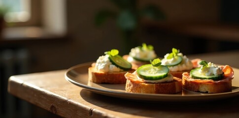 Sunlit Appetizers Creamy Cheese, Cucumber, and Delicate Herb Toasts on a Rustic Wooden Table