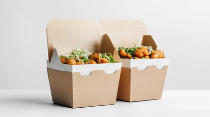Two takeout containers filled with fried food and garnished with fresh herbs.  Perfect for a quick and delicious meal.