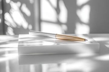 Black and white close-up of a pen resting on a stack of papers
