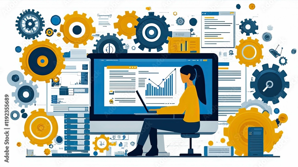 Aufkleber data analytics: business growth and digital transformation. woman working on computer, analyzing dat