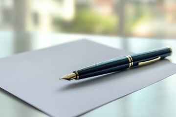 Luxurious pen and paper on a polished wooden desk
