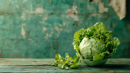Fresh lettuce on wooden table with rustic teal backdrop in natural lighting