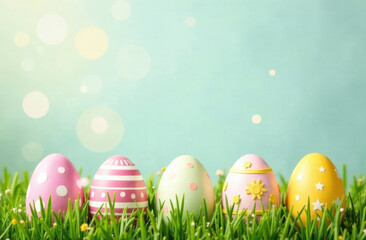 Colorful Easter eggs in a raw in grass over blue background. Easter holiday background with copy space. Easter eggs in grass.